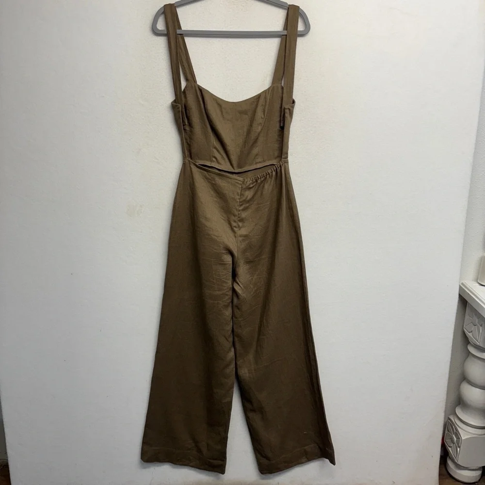Reformation Autumn Linen Jumpsuit‎ Taupe Tan Wide Leg Open Back 0